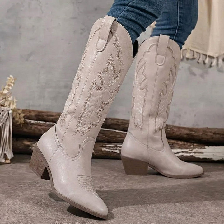Aurelia | Women's Knee-High Cowgirl Boots with Embroidery, Block Heel Western Boots | Animated Apparel
