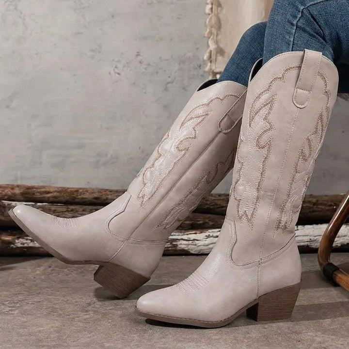 Aurelia | Women's Knee-High Cowgirl Boots with Embroidery, Block Heel Western Boots | Animated Apparel
