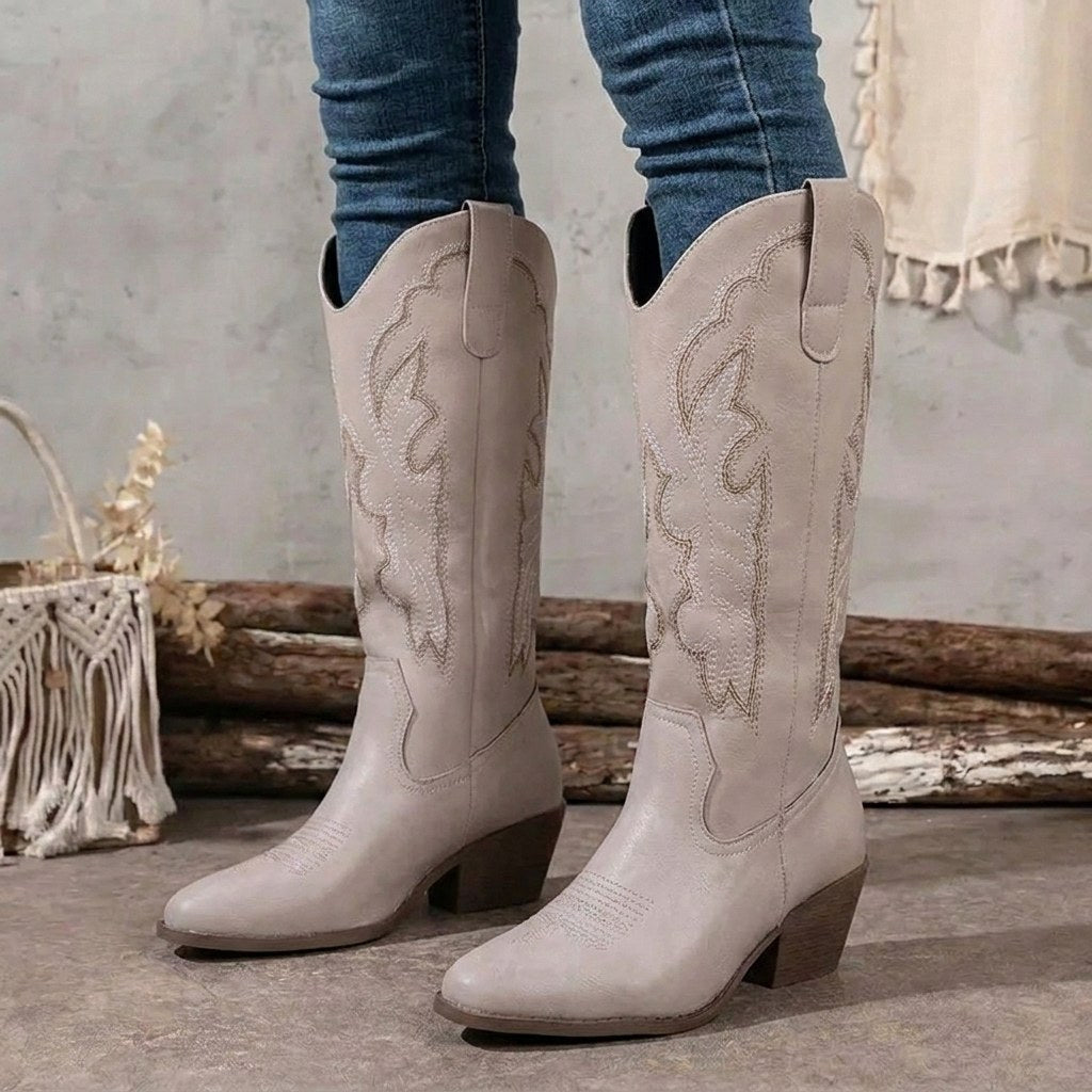 Aurelia | Women's Knee-High Cowgirl Boots with Embroidery, Block Heel Western Boots | Animated Apparel