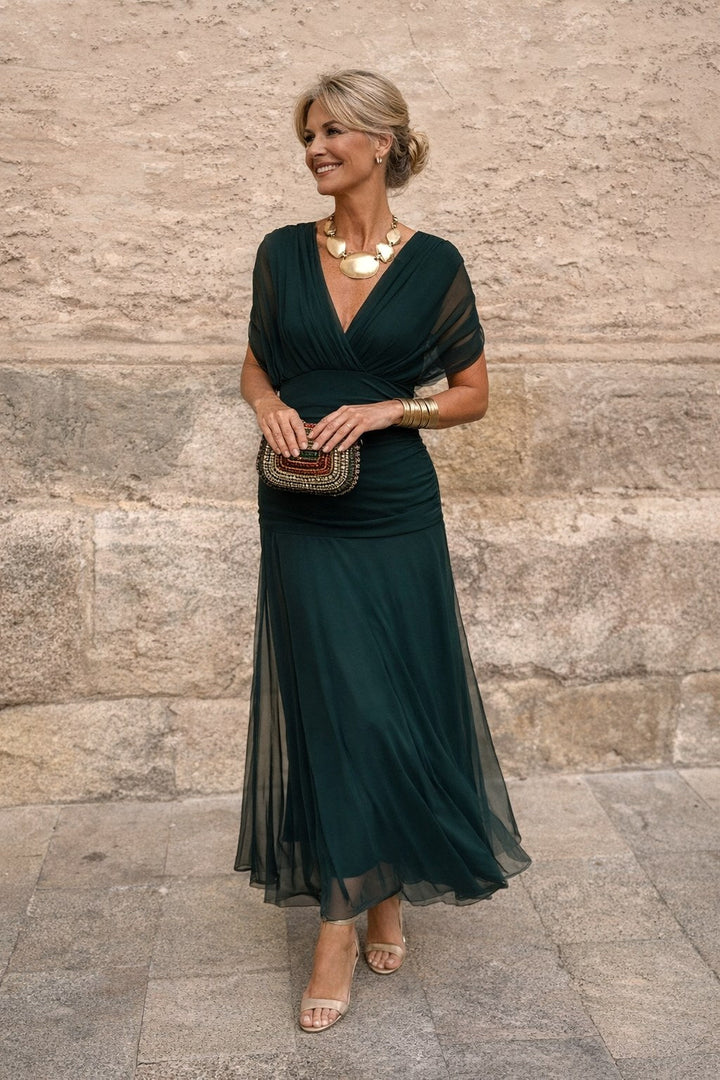 Aurelie | Women's V-Neck Chiffon Maxi Dress, Flowing Ankle-Length Dress | Animated Apparel | Dark Green