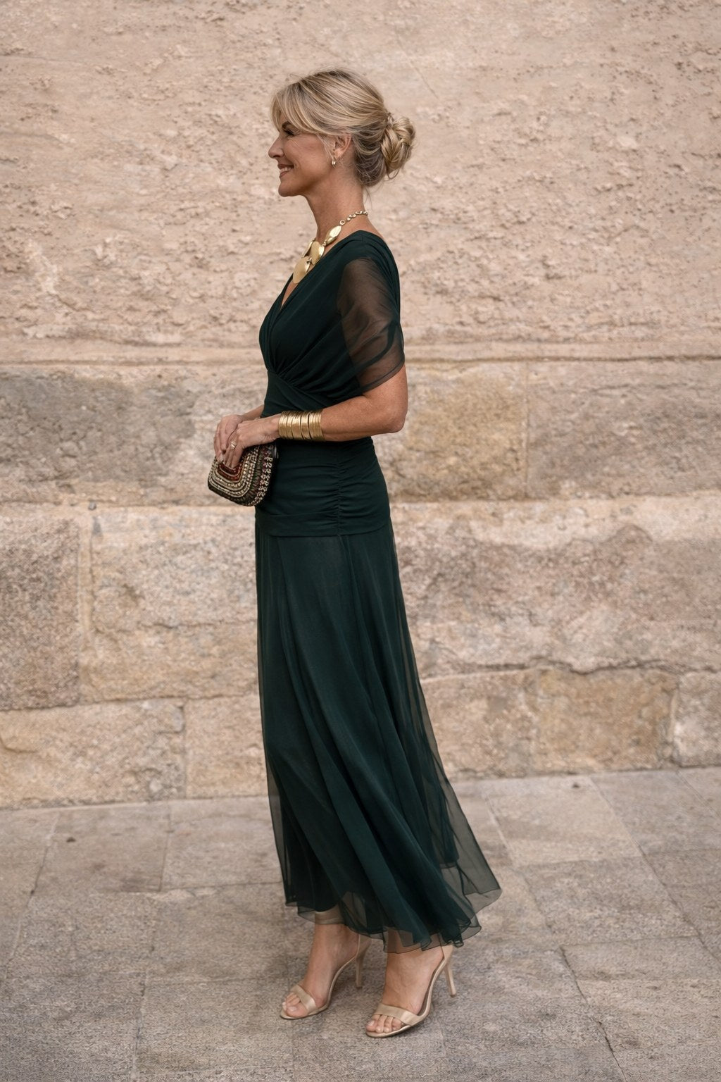 Aurelie | Women's V-Neck Chiffon Maxi Dress, Flowing Ankle-Length Dress | Animated Apparel | Green