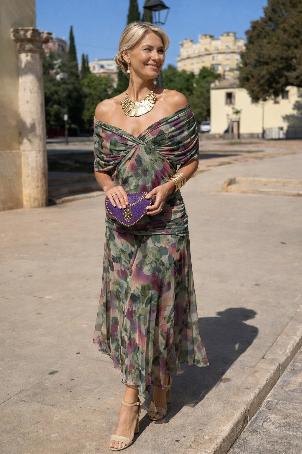 Aurelie | Women's V-Neck Chiffon Maxi Dress, Flowing Ankle-Length Dress | Animated Apparel | Brown