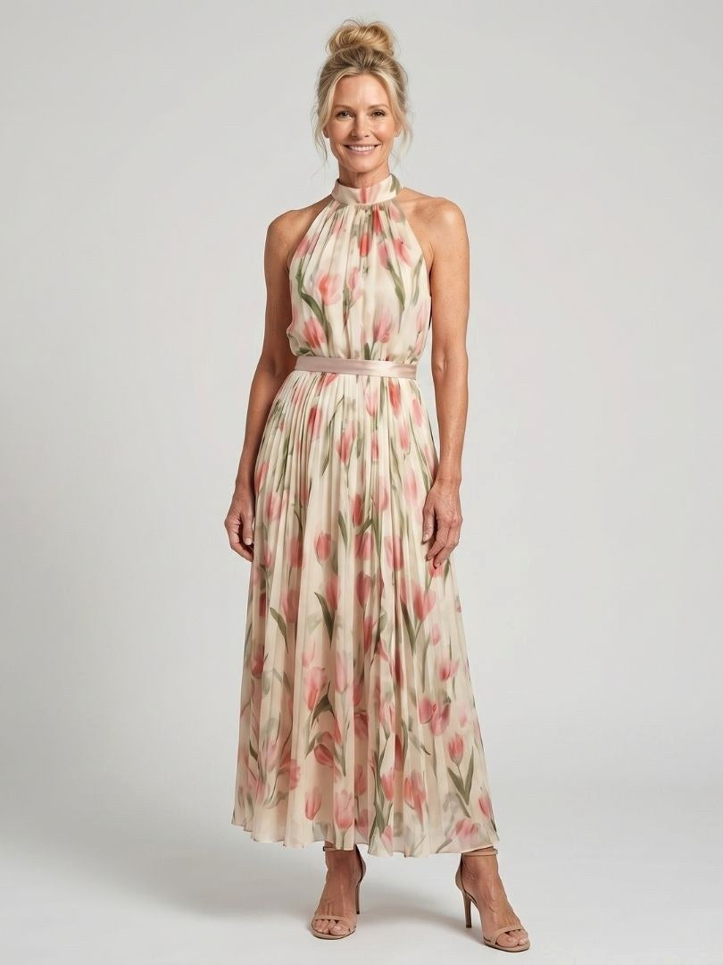 Aurelle | Women's Halter Neck Floral Midi Dress - Floral
