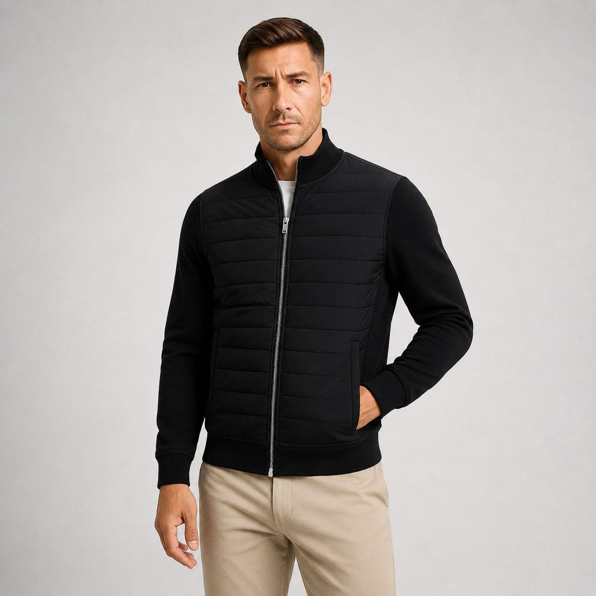 Austin | Men's Quilted Hybrid Jacket, Knitted Sleeves Autumn Jacket | Animated Apparel | Black