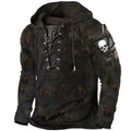 Austin | Men's Skull Graphic Hoodie with Lace-Up Front, Bold Statement Hoodie | Animated Apparel | Coffee
