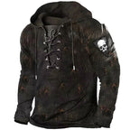 Austin | Men's Skull Graphic Hoodie with Lace-Up Front, Bold Statement Hoodie | Animated Apparel | Coffee