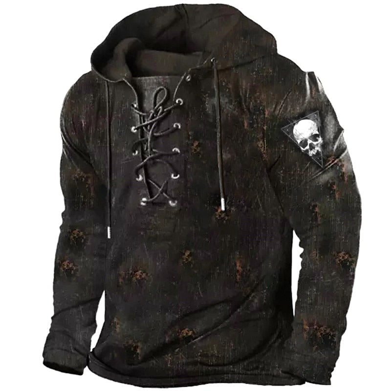 Austin | Men's Skull Graphic Hoodie with Lace-Up Front, Bold Statement Hoodie | Animated Apparel | Coffee