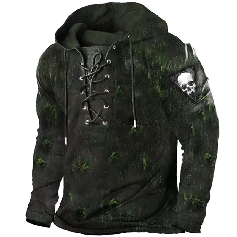 Austin | Men's Skull Graphic Hoodie with Lace-Up Front, Bold Statement Hoodie | Animated Apparel | Green