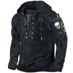 Austin | Men's Skull Graphic Hoodie with Lace-Up Front, Bold Statement Hoodie | Animated Apparel | Blue