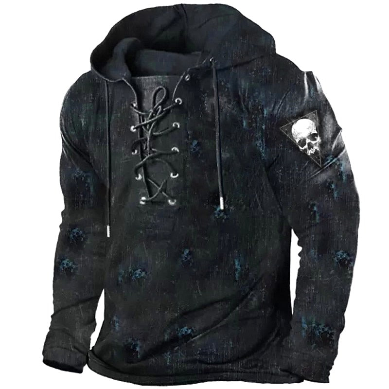 Austin | Men's Skull Graphic Hoodie with Lace-Up Front, Bold Statement Hoodie | Animated Apparel | Blue