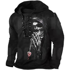Austin | Men's Skull Graphic Hoodie with Lace-Up Front, Bold Statement Hoodie | Animated Apparel | Black