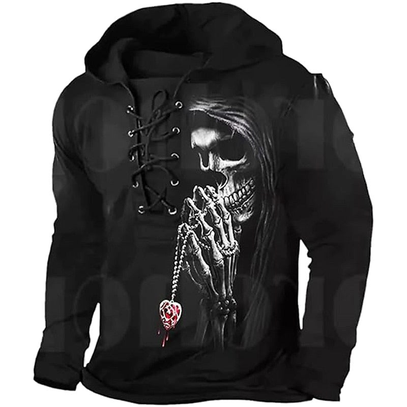 Austin | Men's Skull Graphic Hoodie with Lace-Up Front, Bold Statement Hoodie | Animated Apparel | Black