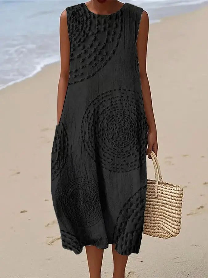 Ava | Women's Soft Embroidered Sleeveless Midi Dress - Elegant Black