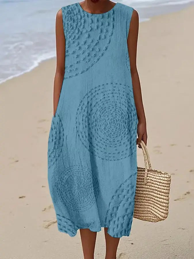 Ava | Women's Soft Embroidered Sleeveless Midi Dress - Blue Lake
