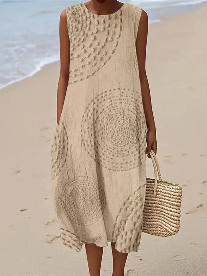 Ava | Women's Soft Embroidered Sleeveless Midi Dress - Light Sand
