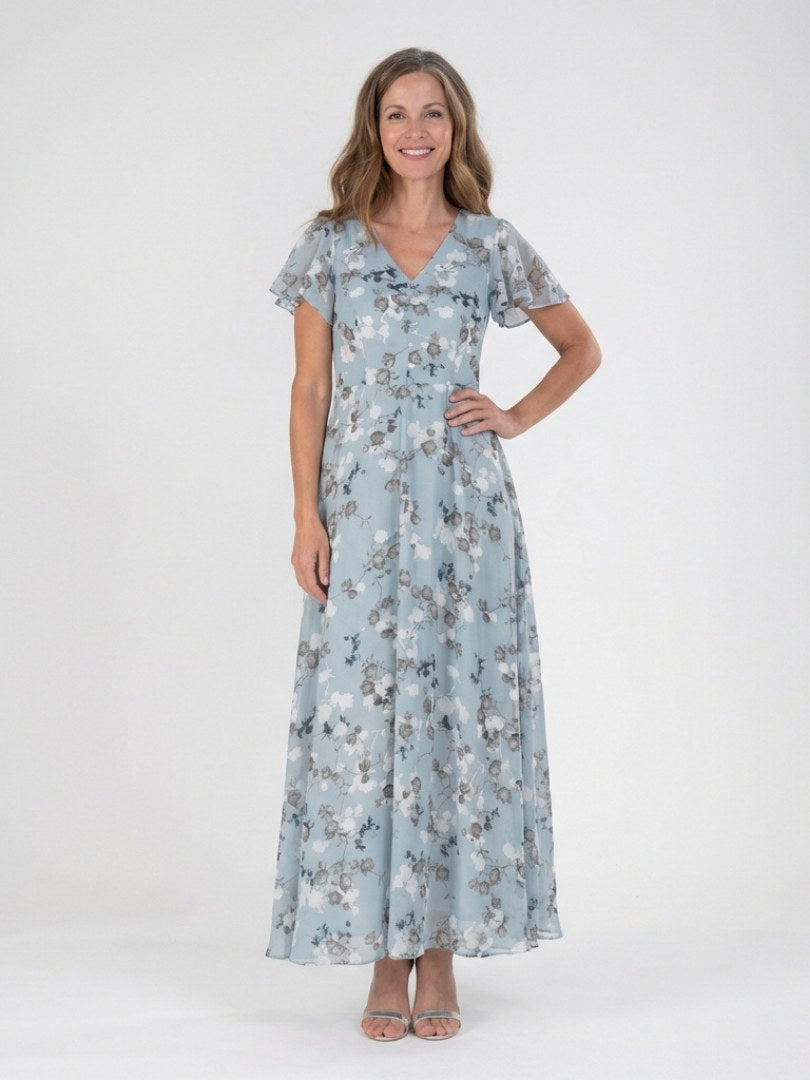 Avelisse | Women's Floral Chiffon Maxi Dress - Sky blue