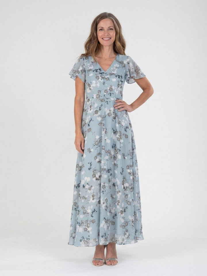 Avelisse | Women's Floral Chiffon Maxi Dress - Sky blue