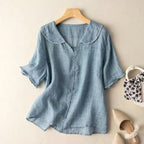 Avery | Vintage Button-Detail Long Sleeve Blouse - Blue