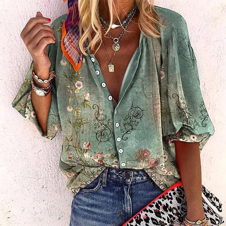 Avery | Women's Boho Floral Blouse - Groen