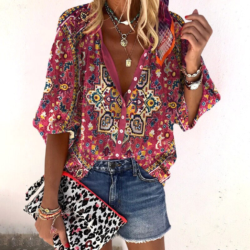 Avery | Women's Boho Floral Blouse - Rood