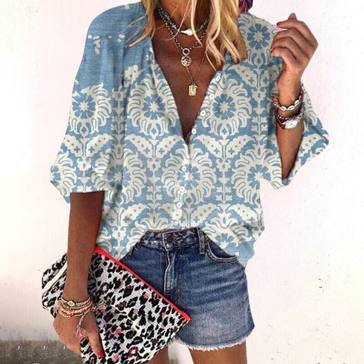 Avery | Women's Boho Floral Blouse - Blauw