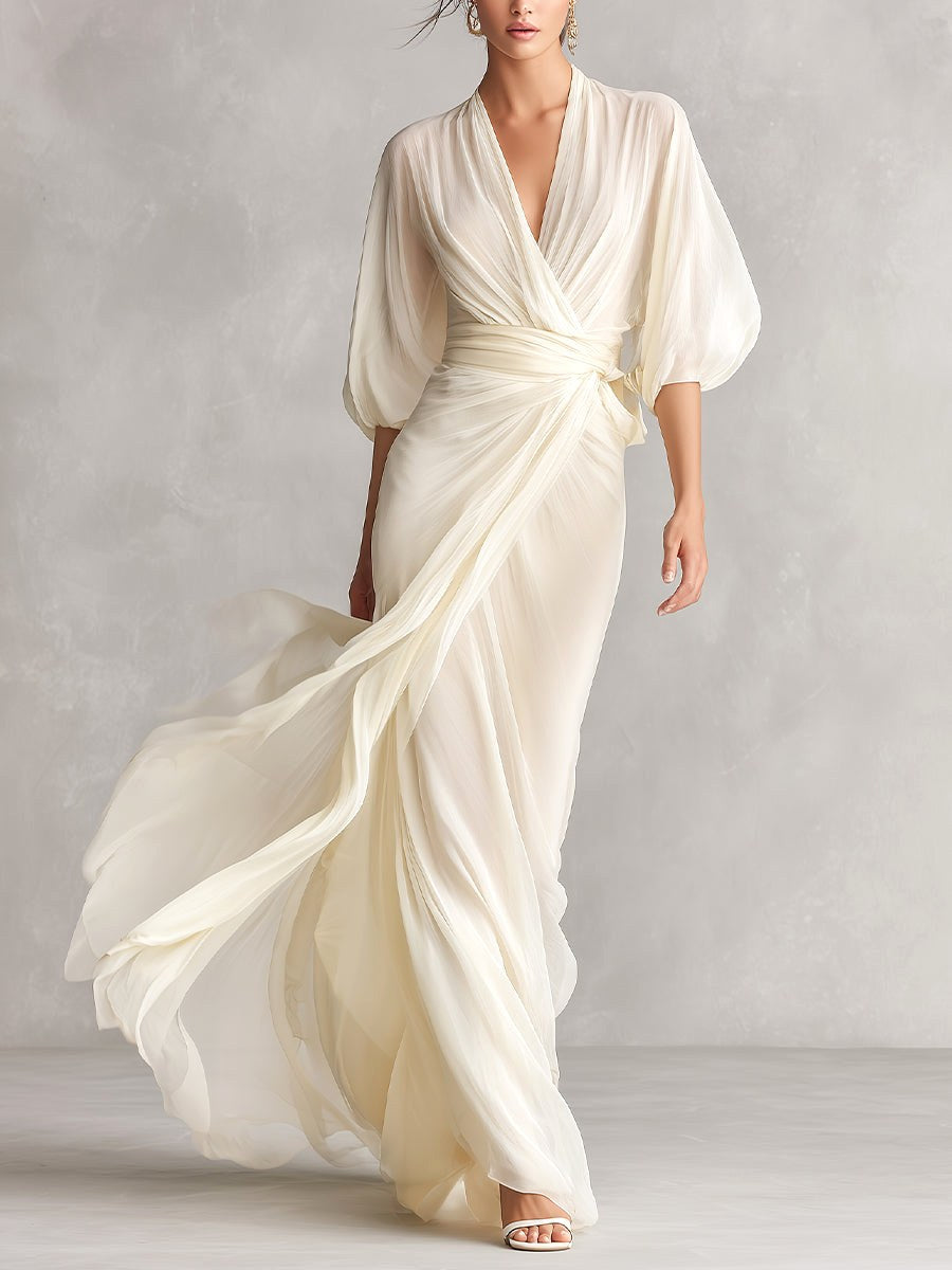 Avery | Women's Ivory Chiffon Wrap Dress With Puff Sleeves - Ivory
