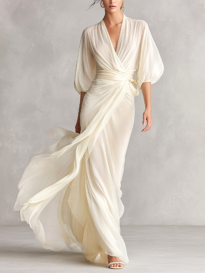 Avery | Women's Ivory Chiffon Wrap Dress With Puff Sleeves - Ivory