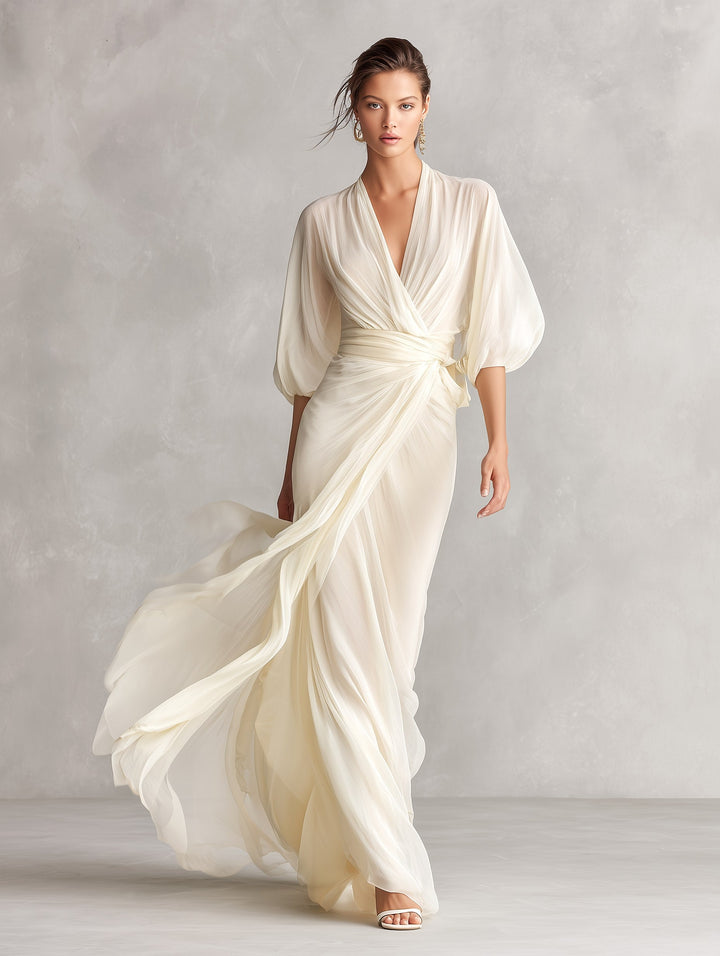 Avery | Women's Ivory Chiffon Wrap Dress With Puff Sleeves - image 3