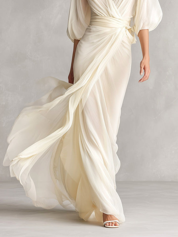 Avery | Women's Ivory Chiffon Wrap Dress With Puff Sleeves - image 4