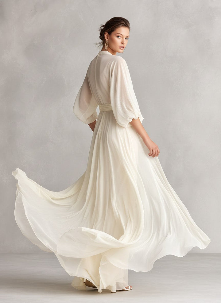 Avery | Women's Ivory Chiffon Wrap Dress With Puff Sleeves - image 5