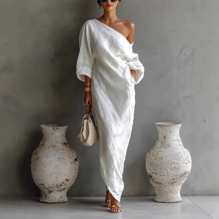 Avery | Women's Linen One-Shoulder Asymmetrical Dress - White