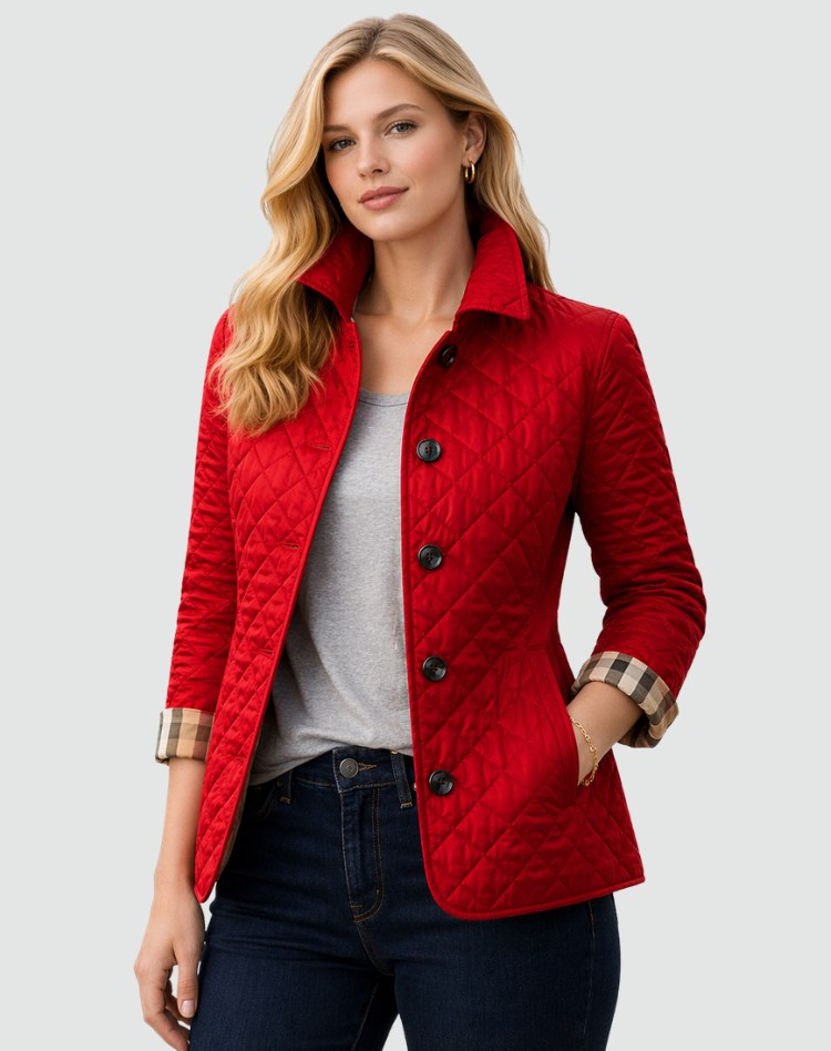 Alice | Women's Quilted Button-Front Jacket, Lightweight Structured Coat | Animated Apparel | Red