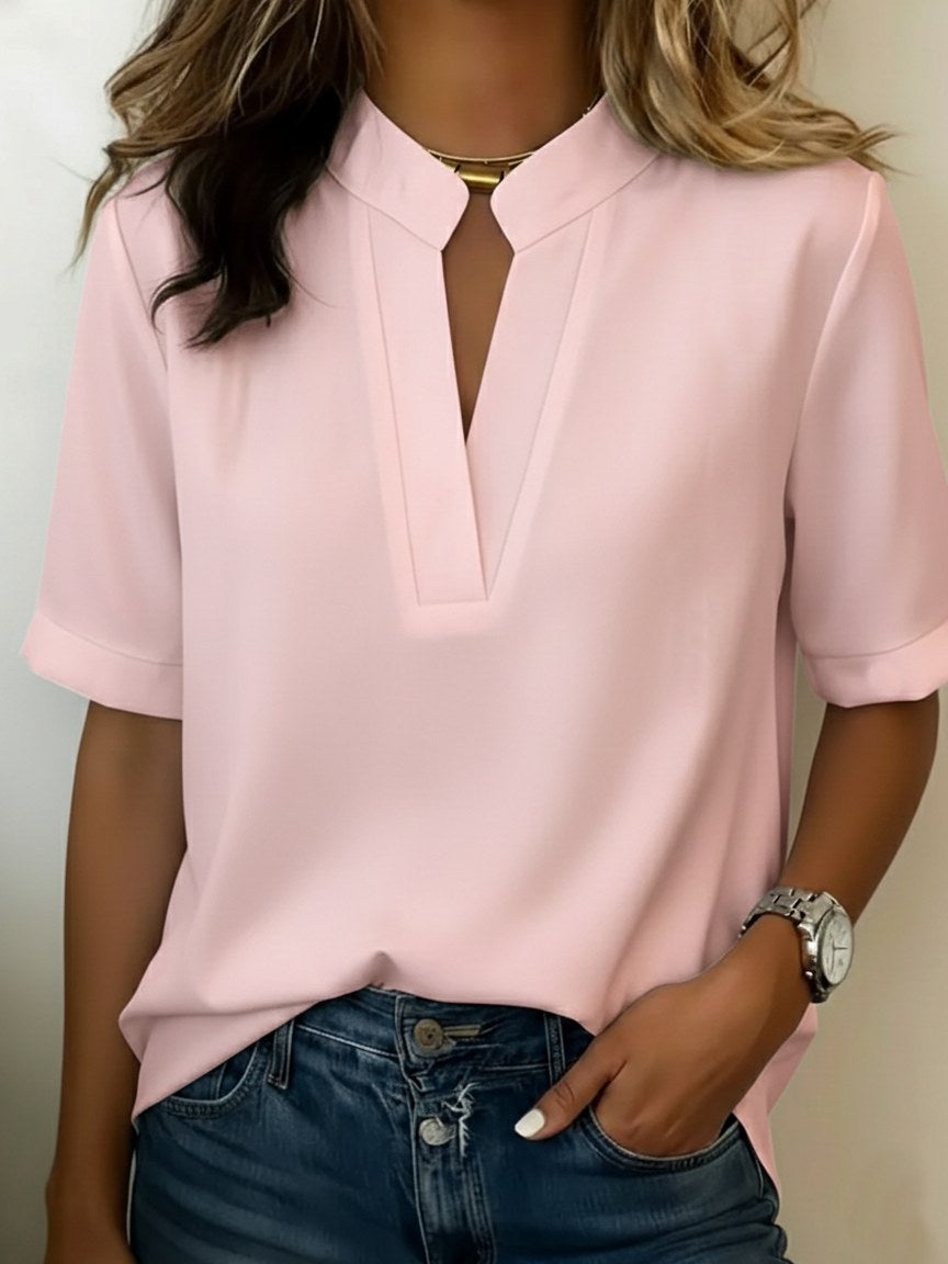 Avery | Women's V-Neck Short Sleeve Casual Blouse - Pink