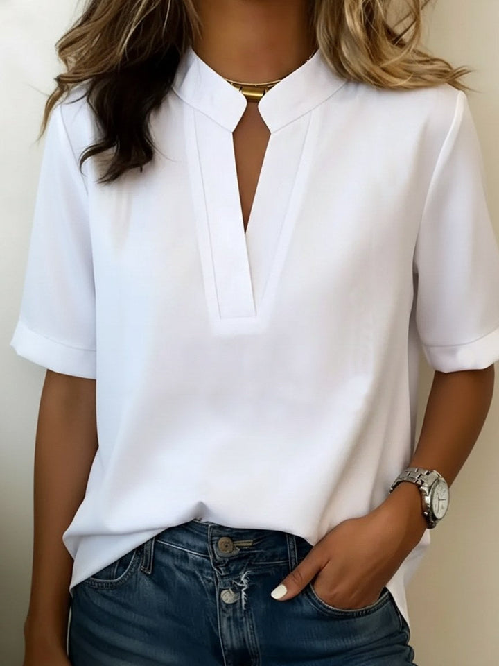Avery | Women's V-Neck Short Sleeve Casual Blouse - White