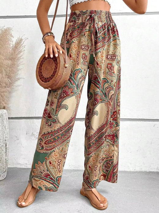 Avery | Women's Vintage Printed Wide-Leg Pants - Khaki