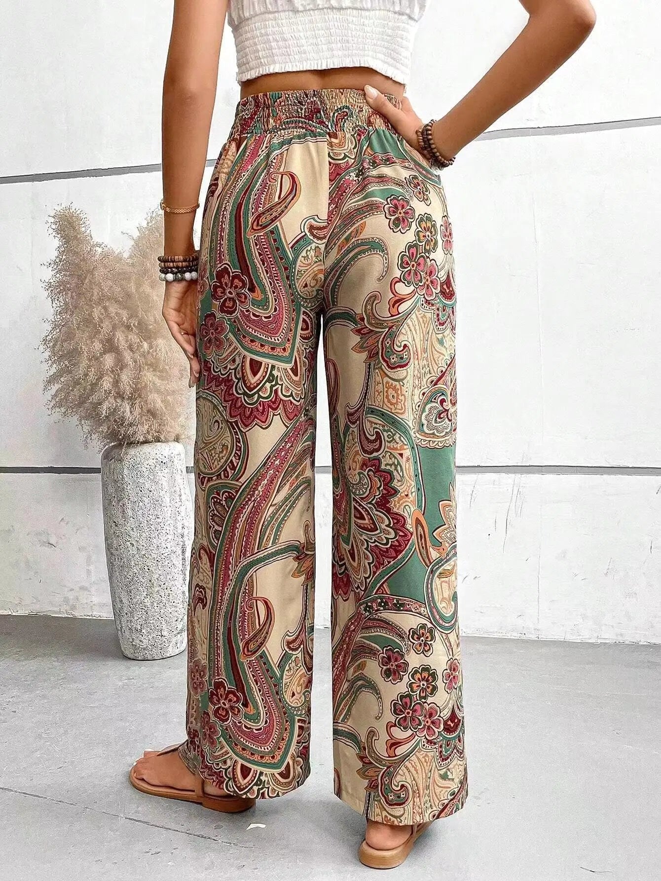 Avery | Women's Vintage Printed Wide-Leg Pants - Navy Blue