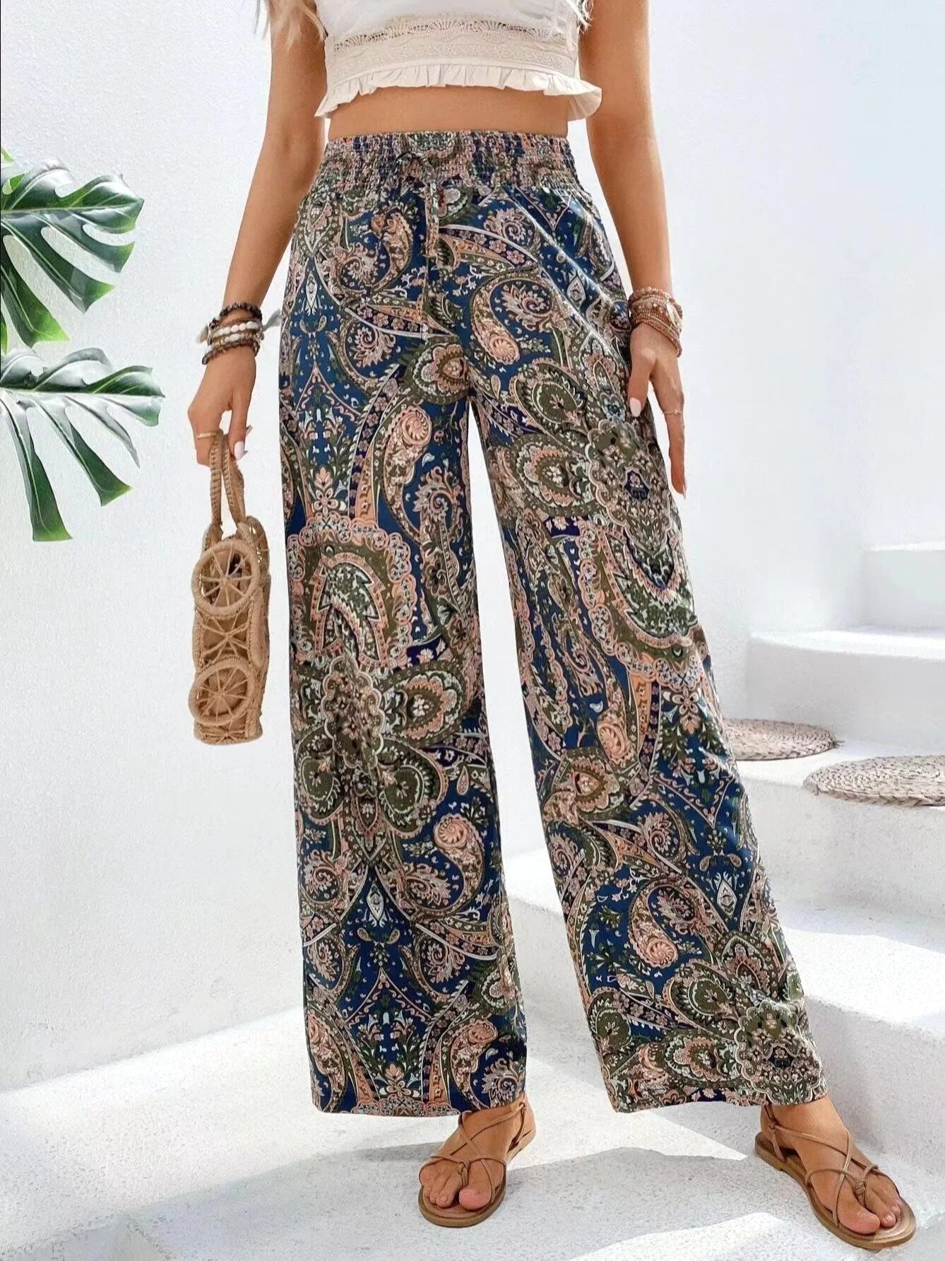 Avery | Women's Vintage Printed Wide-Leg Pants - Wine Red