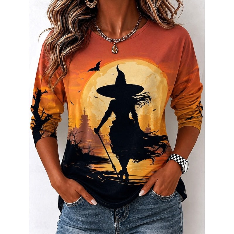 Avery | Women's Witch Graphic Long Sleeve Top, Autumn Festive Tee | Animated Apparel | Orange