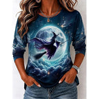 Avery | Women's Witch Graphic Long Sleeve Top, Autumn Festive Tee | Animated Apparel | Blue