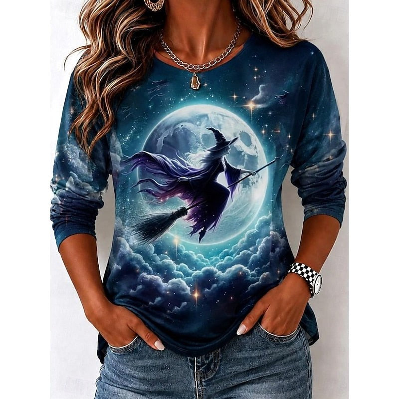 Avery | Women's Witch Graphic Long Sleeve Top, Autumn Festive Tee | Animated Apparel | Blue