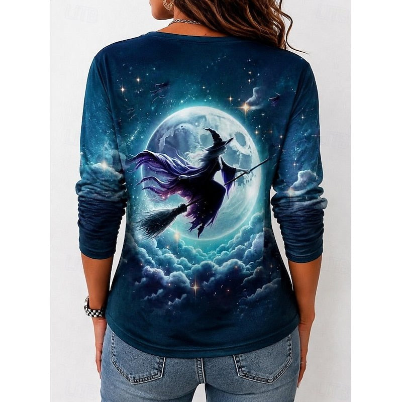Avery | Women's Witch Graphic Long Sleeve Top, Autumn Festive Tee | Animated Apparel | Yellow