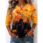 Avery | Women's Witch Graphic Long Sleeve Top, Autumn Festive Tee | Animated Apparel | Navy Blue