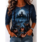 Avery | Women's Witch Graphic Long Sleeve Top, Autumn Festive Tee | Animated Apparel | Purple