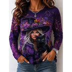 Avery | Women's Witch Graphic Long Sleeve Top, Autumn Festive Tee | Animated Apparel