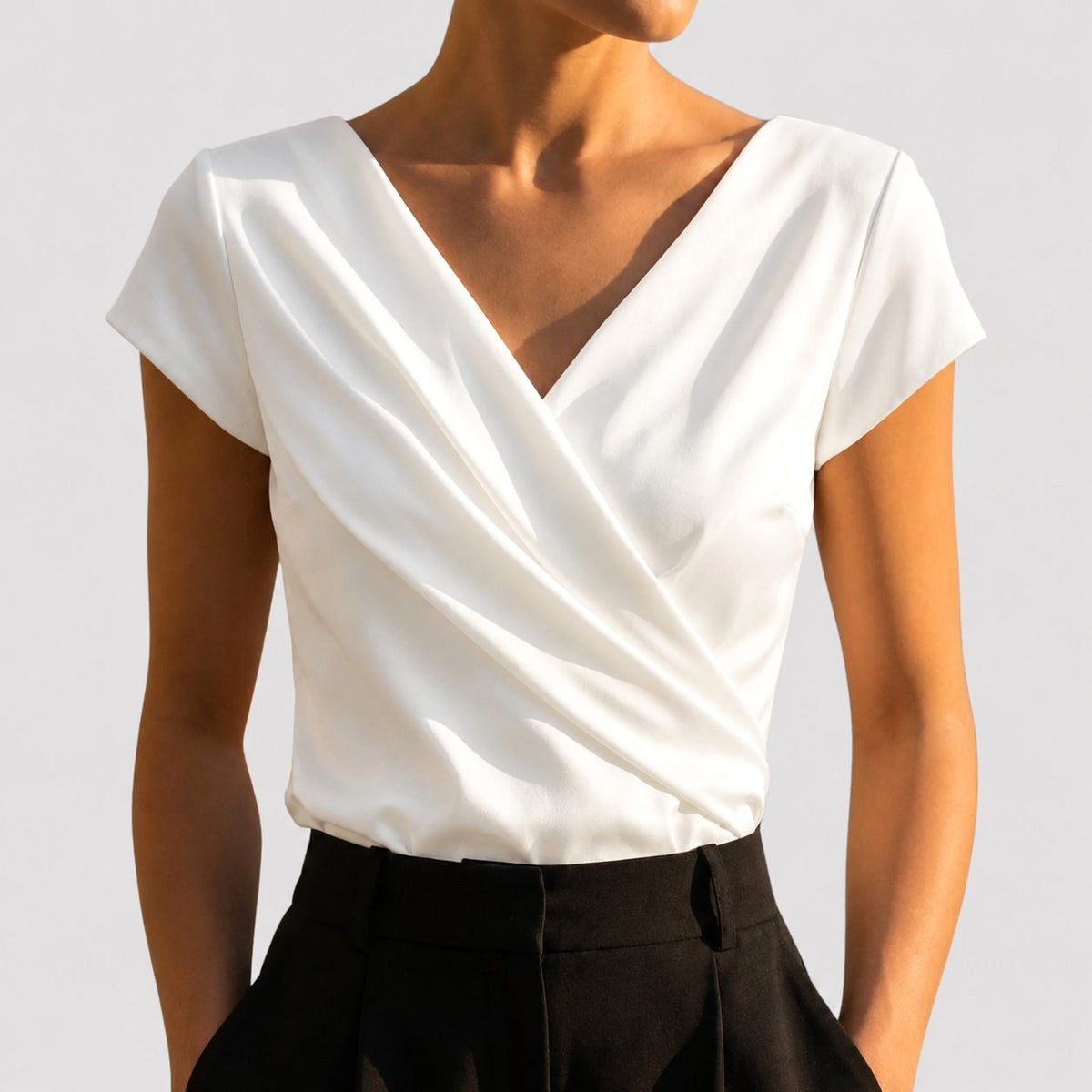 Ivy | Women's Draped V-Neck Blouse, Short-Sleeve Wrap Top | Animated Apparel