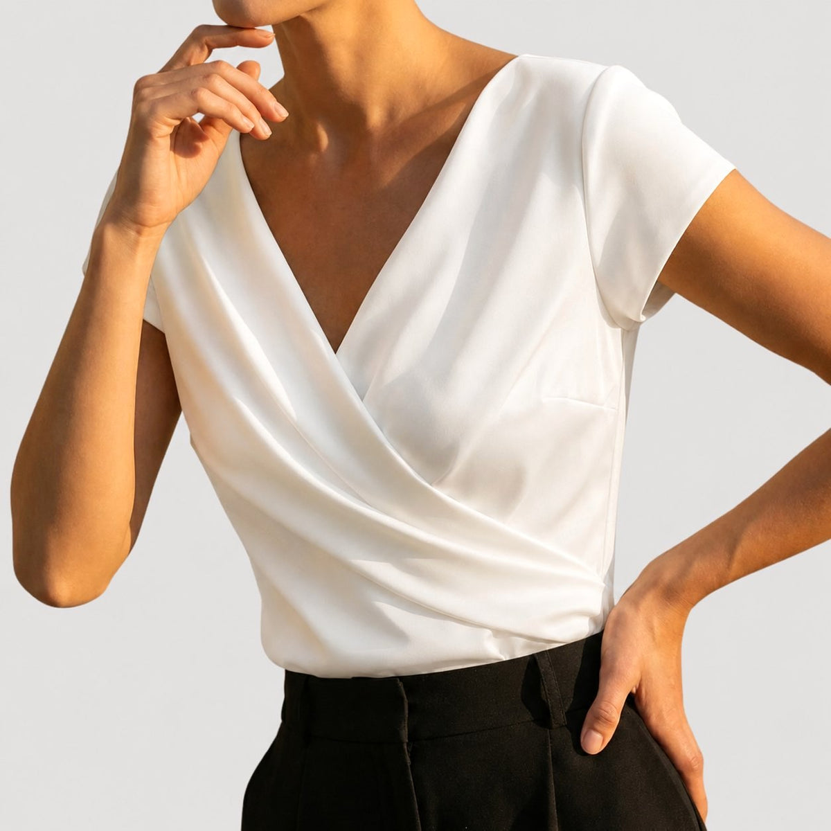Ivy | Women's Draped V-Neck Blouse, Short-Sleeve Wrap Top | Animated Apparel