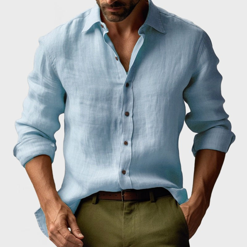 Benjamin | Men's Linen Shirt with Button-Down Collar, Long Sleeves Casual Shirt | Animated Apparel | Light Blue