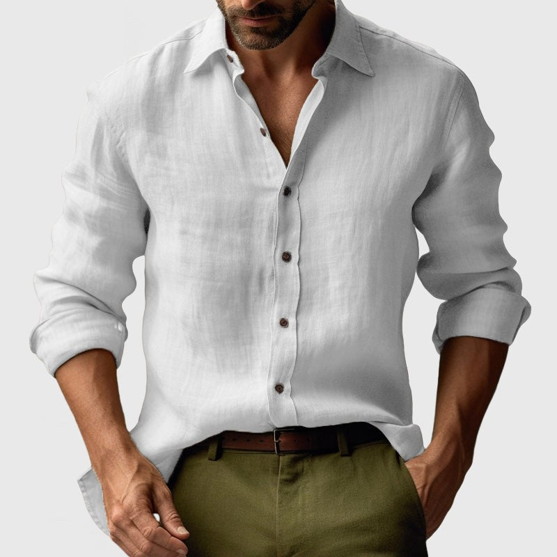 Benjamin | Men's Linen Shirt with Button-Down Collar, Long Sleeves Casual Shirt | Animated Apparel | White