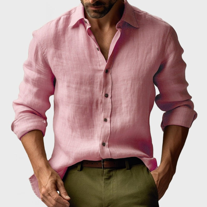 Benjamin | Men's Linen Shirt with Button-Down Collar, Long Sleeves Casual Shirt | Animated Apparel | Pink
