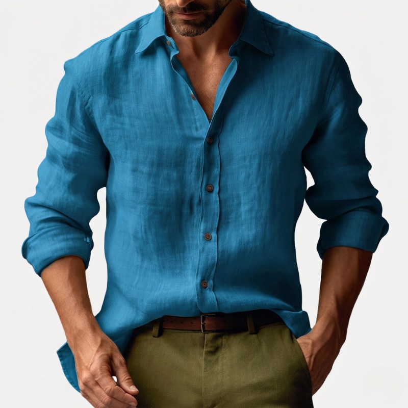Benjamin | Men's Linen Shirt with Button-Down Collar, Long Sleeves Casual Shirt | Animated Apparel | Blue